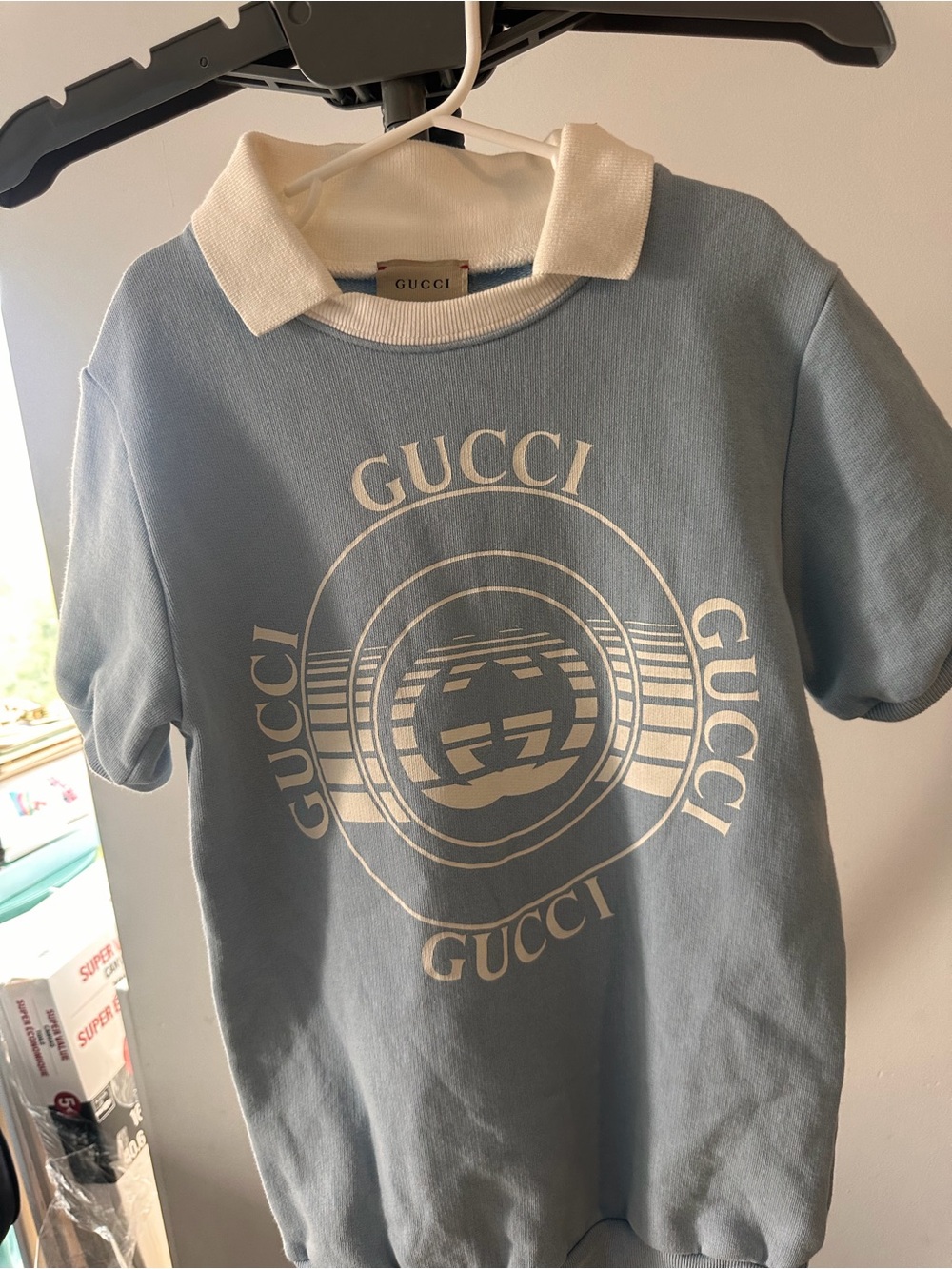 Gucci Light Blue Logo Polo-Style Kids Dress with White Collar